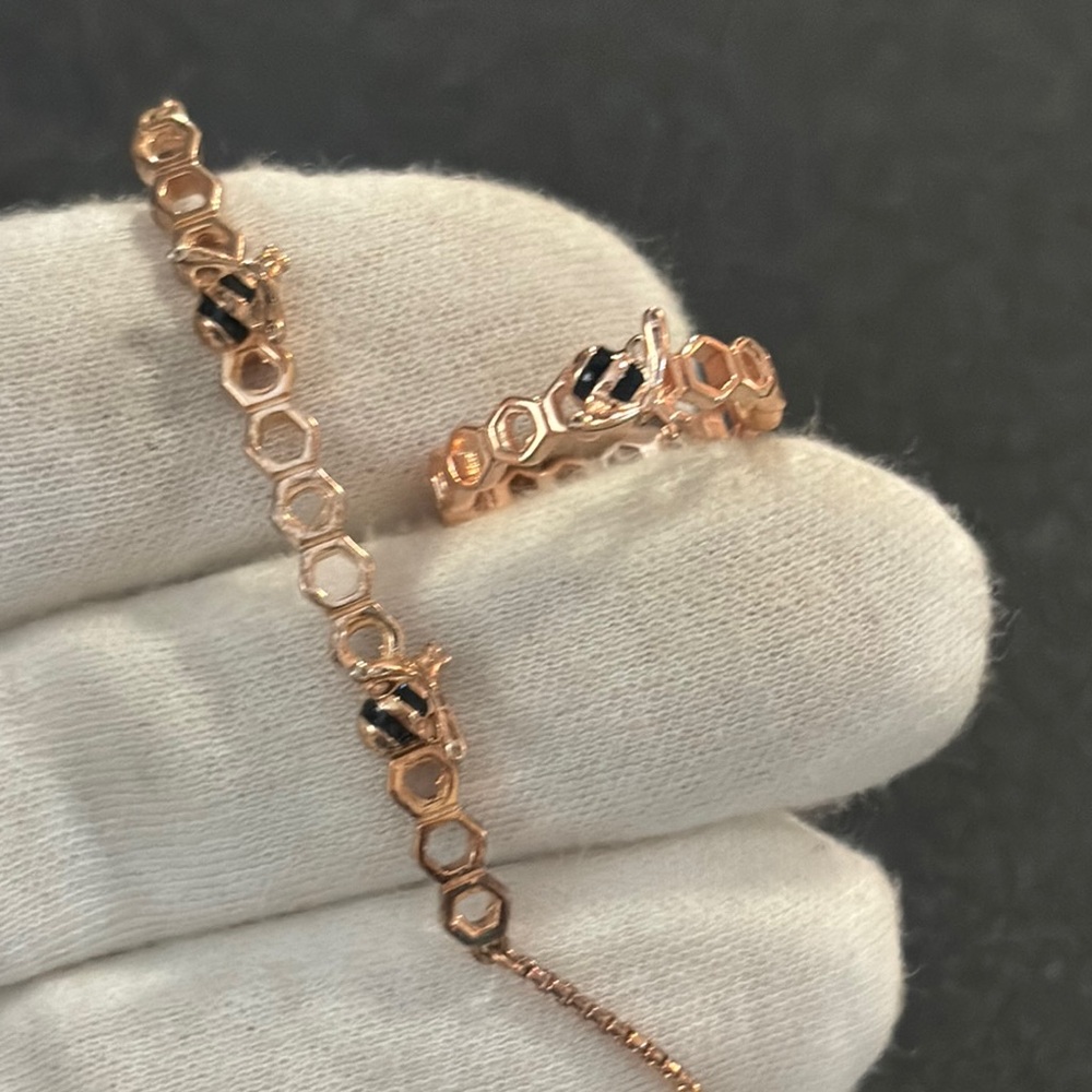 Rose gold plated sterling silver bees, honeycomb bracelet with matching ring set